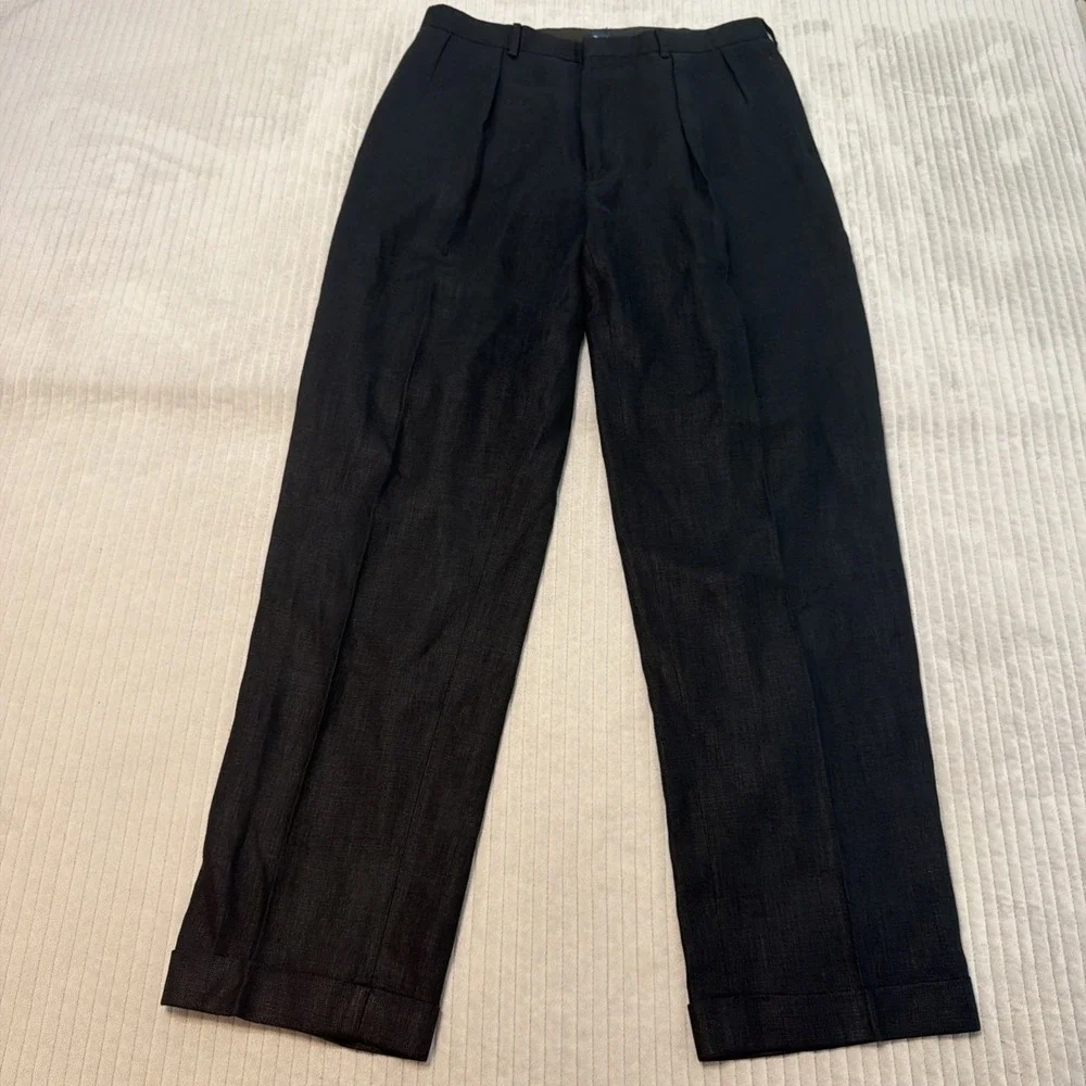 VTG POLO RALPH LAUREN 100% LINEN CUFFED PLEATED BLACK PANTS SIZE 34/34